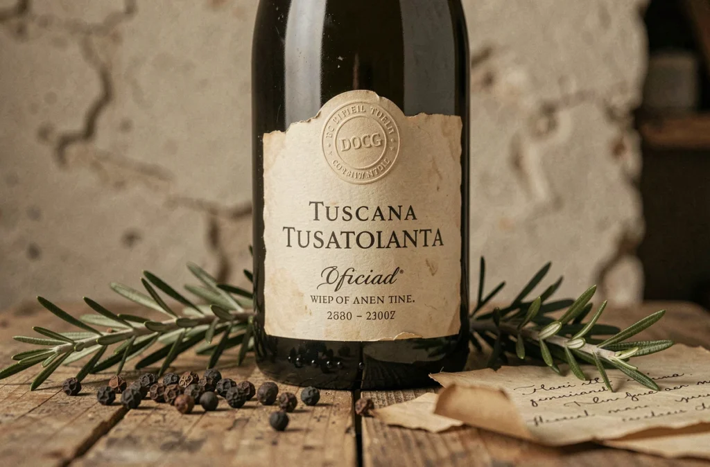 Gros plan d'une étiquette d'appellation toscane DOCG sur une bouteille entourée d'herbes séchées et de notes manuscrites