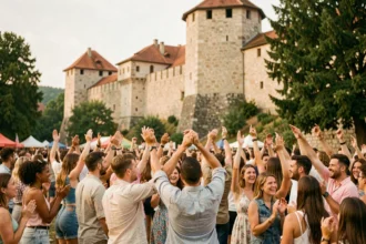 Foule joyeuse lors d'un festival de musique en plein air en Serbie avec une forteresse médiévale en arrière-plan
