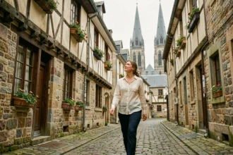 Femme se promenant dans une ruelle médiévale pavée de Quimper avec les flèches de la cathédrale Saint-Corentin en arrière-plan