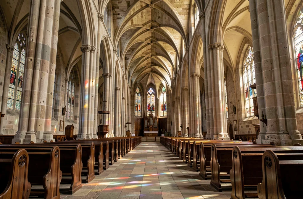 Intérieur gothique de la cathédrale Saint-Corentin de Quimper avec ses voûtes en ogive et ses vitraux colorés