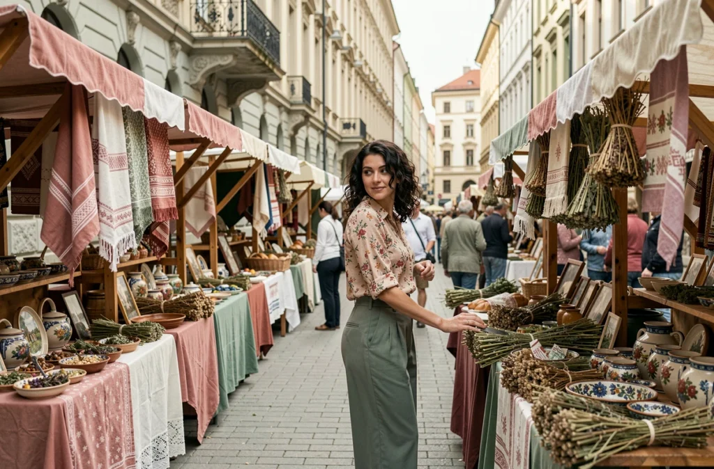 Femme parcourant un marché artisanal lors d'un festival culturel serbe à Novi Sad avec des stands d'artisanat traditionnel