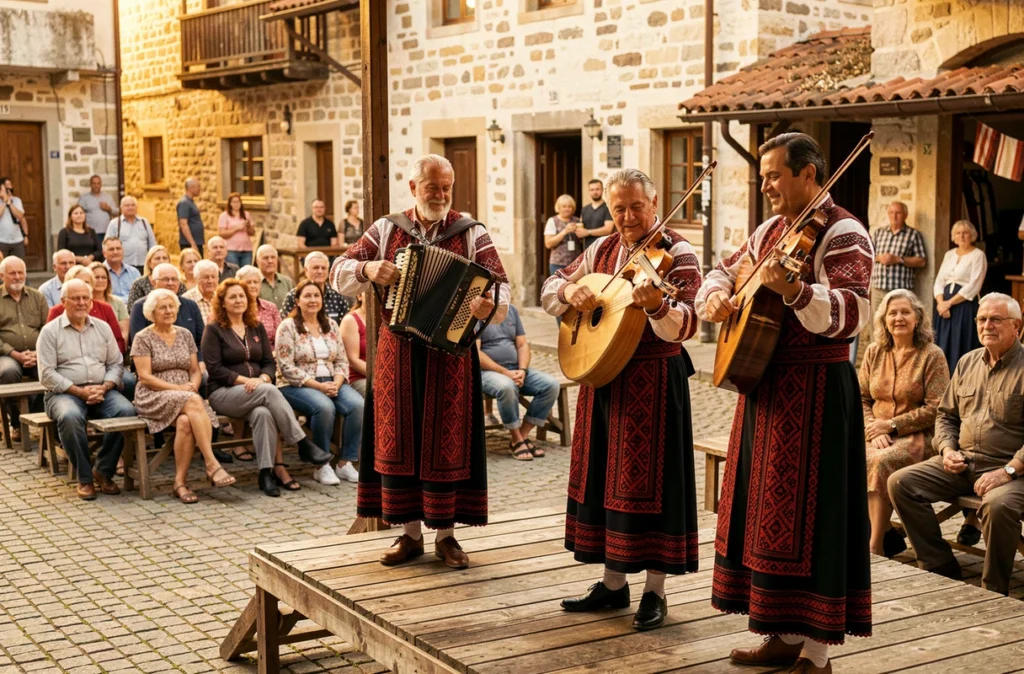 Musiciens en costumes folkloriques serbes jouant lors d'un rassemblement traditionnel sur une place de village en cobblestone