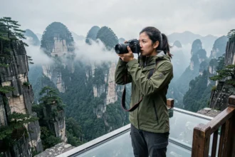 Photographe sur le skywalk en verre de Tianmen Mountain à Zhangjiajie avec les falaises calcaires et la brume matinale en arrière-plan