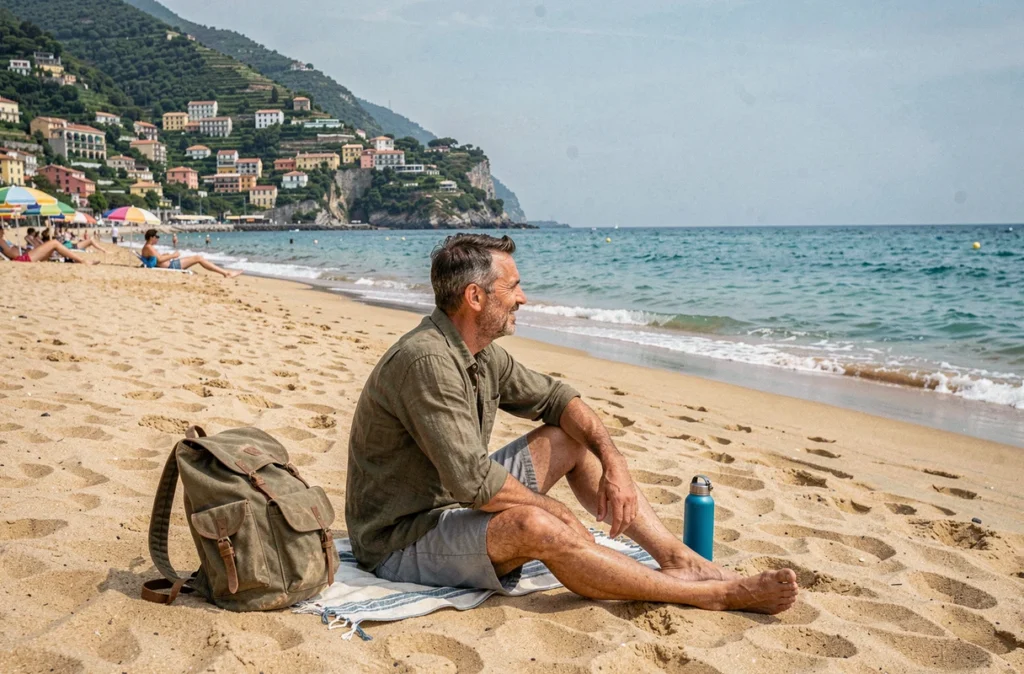 Voyageur en van assis sur la plage de Levanto avec vue sur les collines ligures