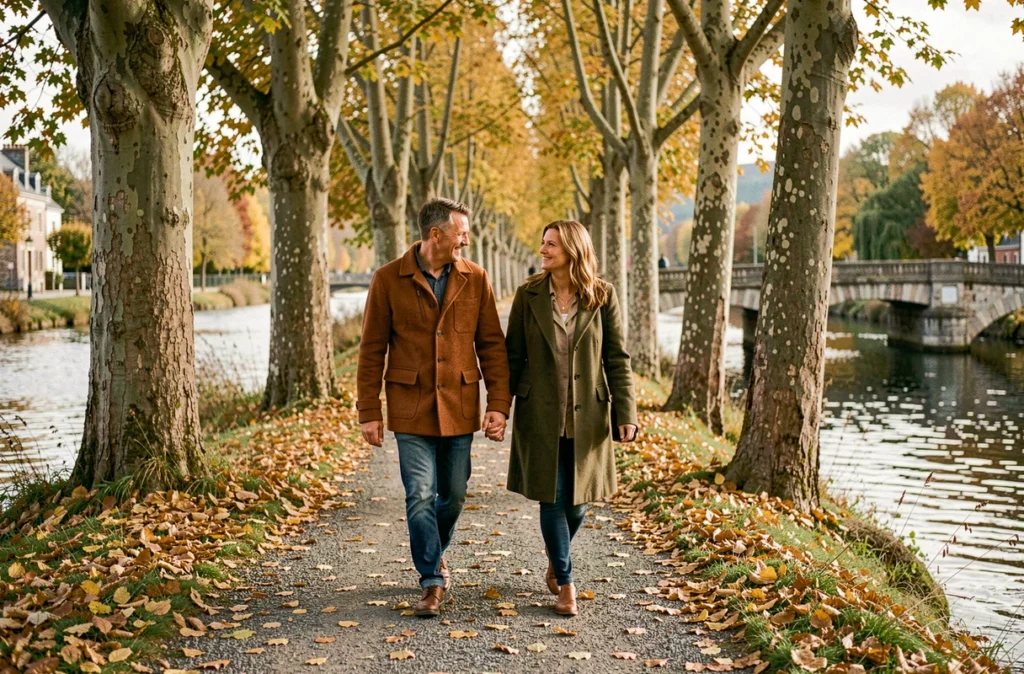 Couple en promenade automnale sur les bords de l'Odet à Quimper sous des arbres aux feuilles dorées