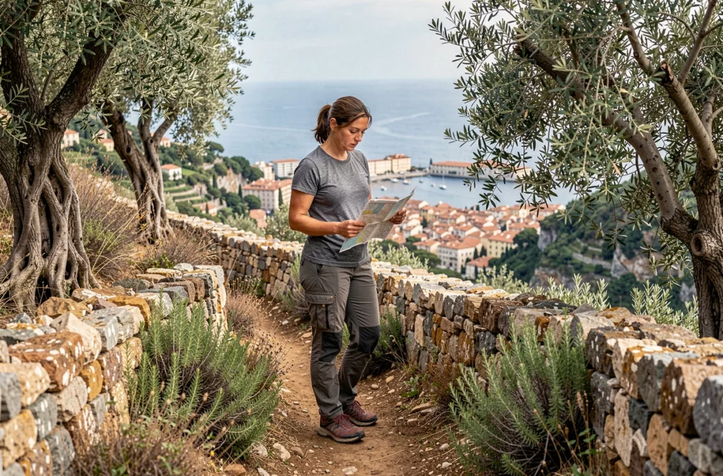 Randonneuse consultant une carte sur le sentier côtier au-dessus de Levanto
