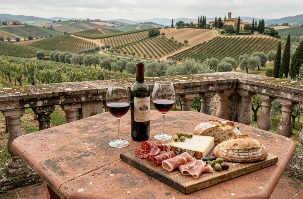 Table toscane en plein air avec Chianti Classico DOCG et produits locaux devant un paysage de collines viticoles