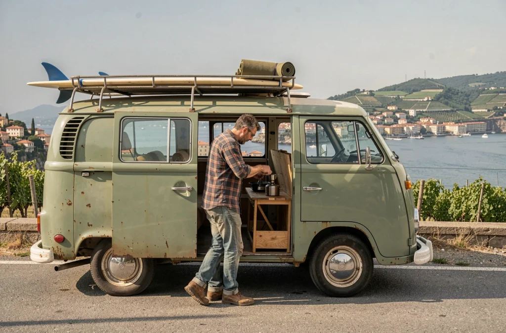 Van aménagé vintage garé en hauteur avec vue panoramique sur la baie de Levanto