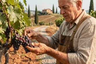Vigneron toscan âgé examinant des raisins Sangiovese dans un vignoble de Montalcino